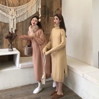 Đầm len suông cổ lọ xẻ vạt Ulzzang - Ord