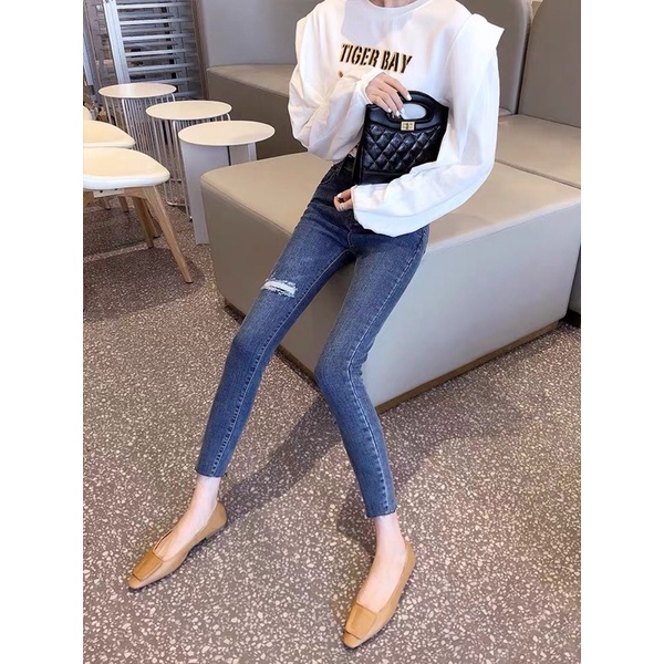 Quần Jean Nữ Topshop Co Giãn Cao Cấp Lưng cao Rách Gối