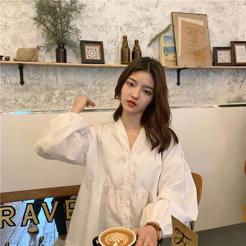 Spring 2021 New Korean Style, Simple and Versatile, Bubble Sleeve Shirt, Long Sleeve Shirt, Girl Student Loose Shirt[delivery Within 5 Days]