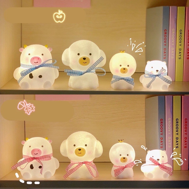 Đèn ngủ nhựa mini Béo shop decor phòng ngủ để bàn học bàn làm việc chạy bằng pin hoạt hình dễ thương