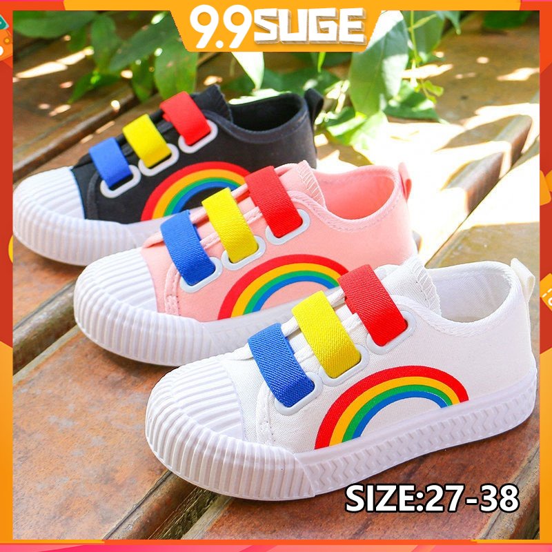 【Suge】Giày Vải Canvas Đế Bằng In Hình Cầu Vồng Kích Thước 27-38 Cho Bé Trai Gái