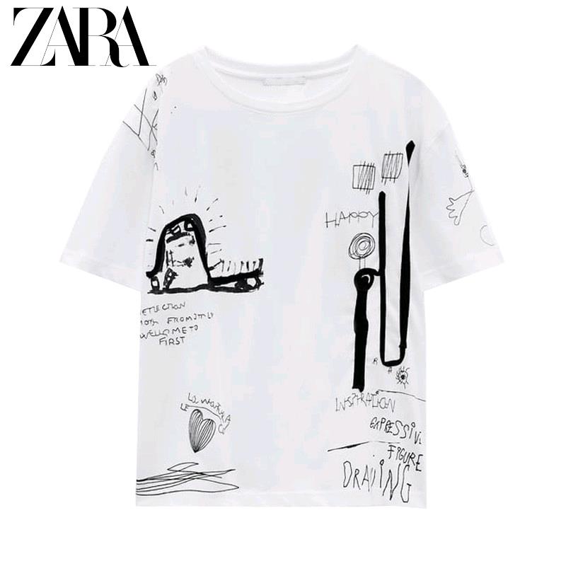 Áo Thun cotton Trắng Cổ Tròn Tay Ngắn Dáng Rộng Thêu Họa Tiết Thời Trang Zara Dành Cho Nữ 1165167