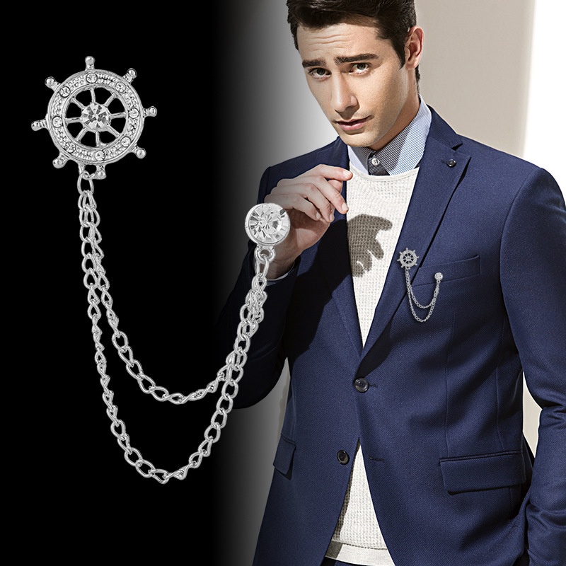 Ghim cài áo Vest Nam, Lapel pin thời trang hình bánh lái tàu nối dây dài GH-447