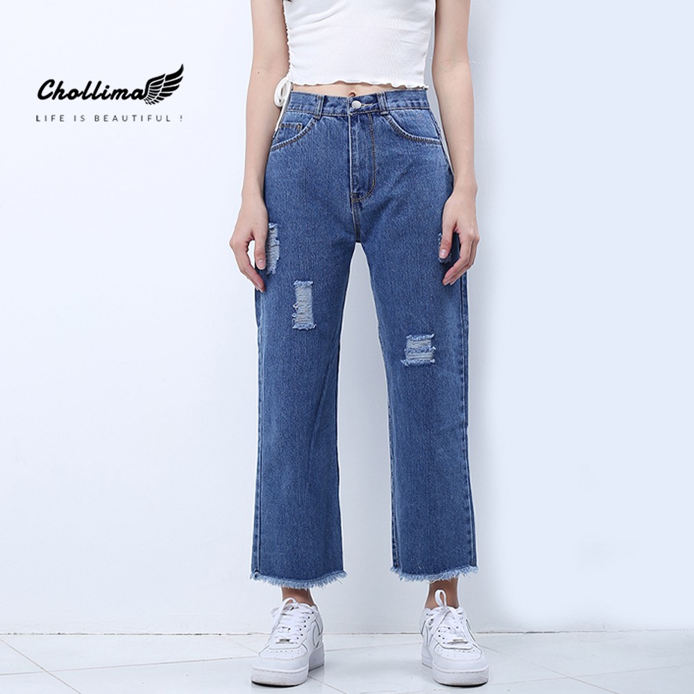 Quần baggy jeans nữ Chollima ống rộng tua lai rách màu xanh jean QD028