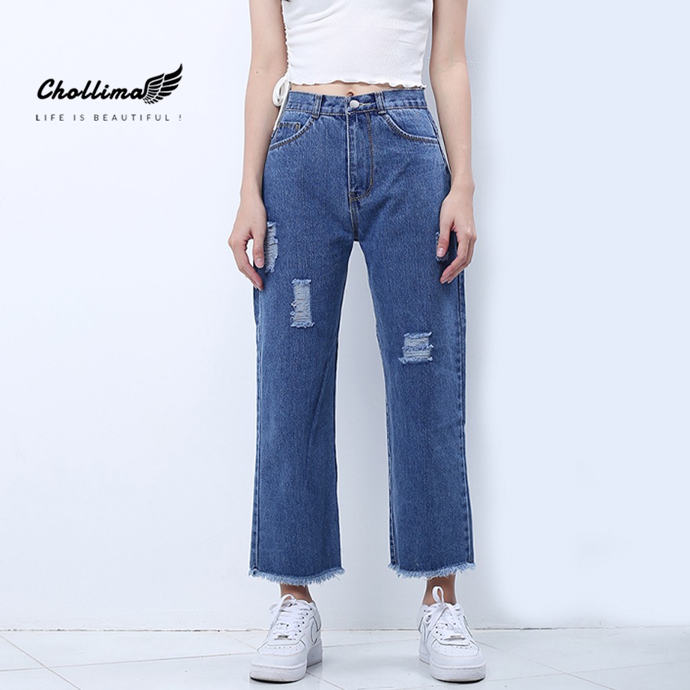Quần baggy jeans nữ Chollima ống rộng tua lai rách màu xanh jean QD028 | BigBuy360 - bigbuy360.vn