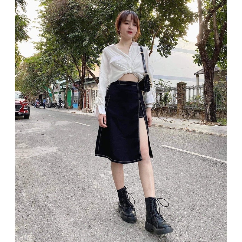 CHÂN VÁY MIDI XẺ VIỀN CHỈ
