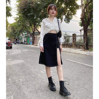 Chân váy midi xẻ viền chỉ