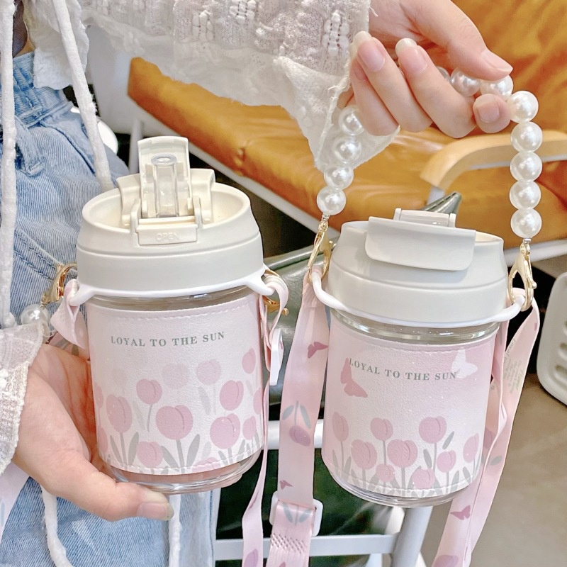 Bình Nước Thủy Tinh 400ml Kèm Ống Hút Họa Tiết Hoa Tulip Xinh Xắn