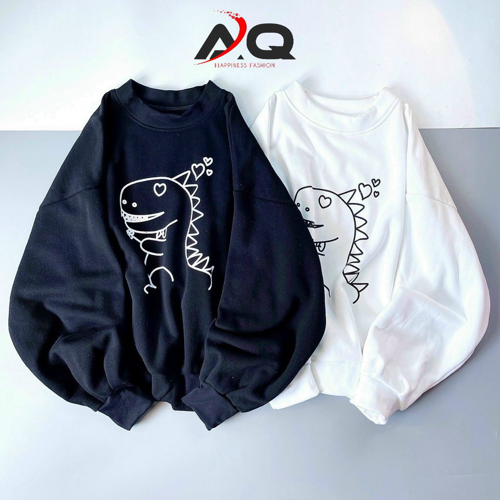 Áo sweater tay phồng in bé khủng long áo nỉ thun Nam Nứ Tay Lỡ cực chất phong cách Unisex - QSTORE