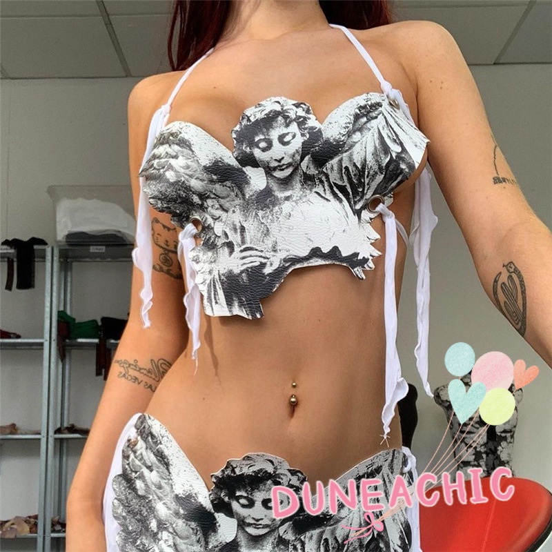 DUNEA Áo kiểu giả da không tay hở lưng gợi cảm dành cho nữ