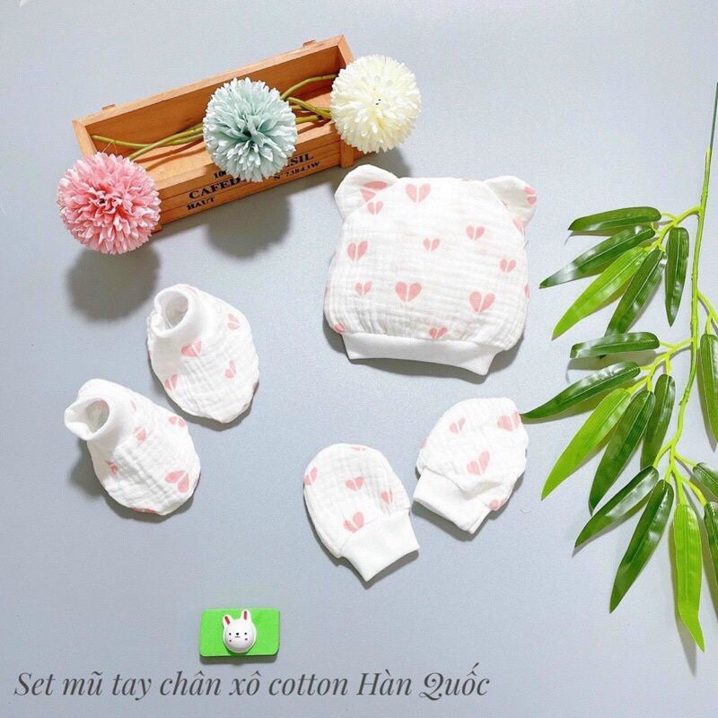 Set mũ bao tay bao chân cho bé sơ sinh chất vải xô mềm mại thoáng mát mềm êm giữ ấm ổn định nhiệt độ cơ thể