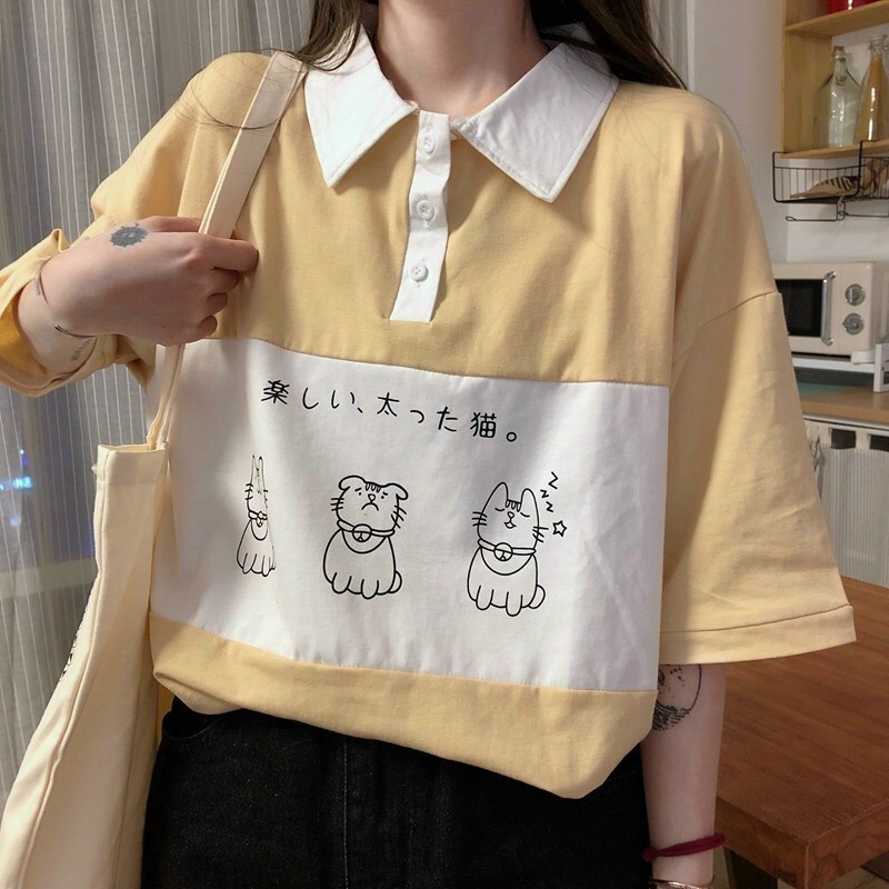 [ hình thật ở cuối ] Áo Thun Polo Unisex Tay Lỡ Form Rộng in hoạ tiết hoạt hình Mèo Con Cute và đáng yêu M0109
