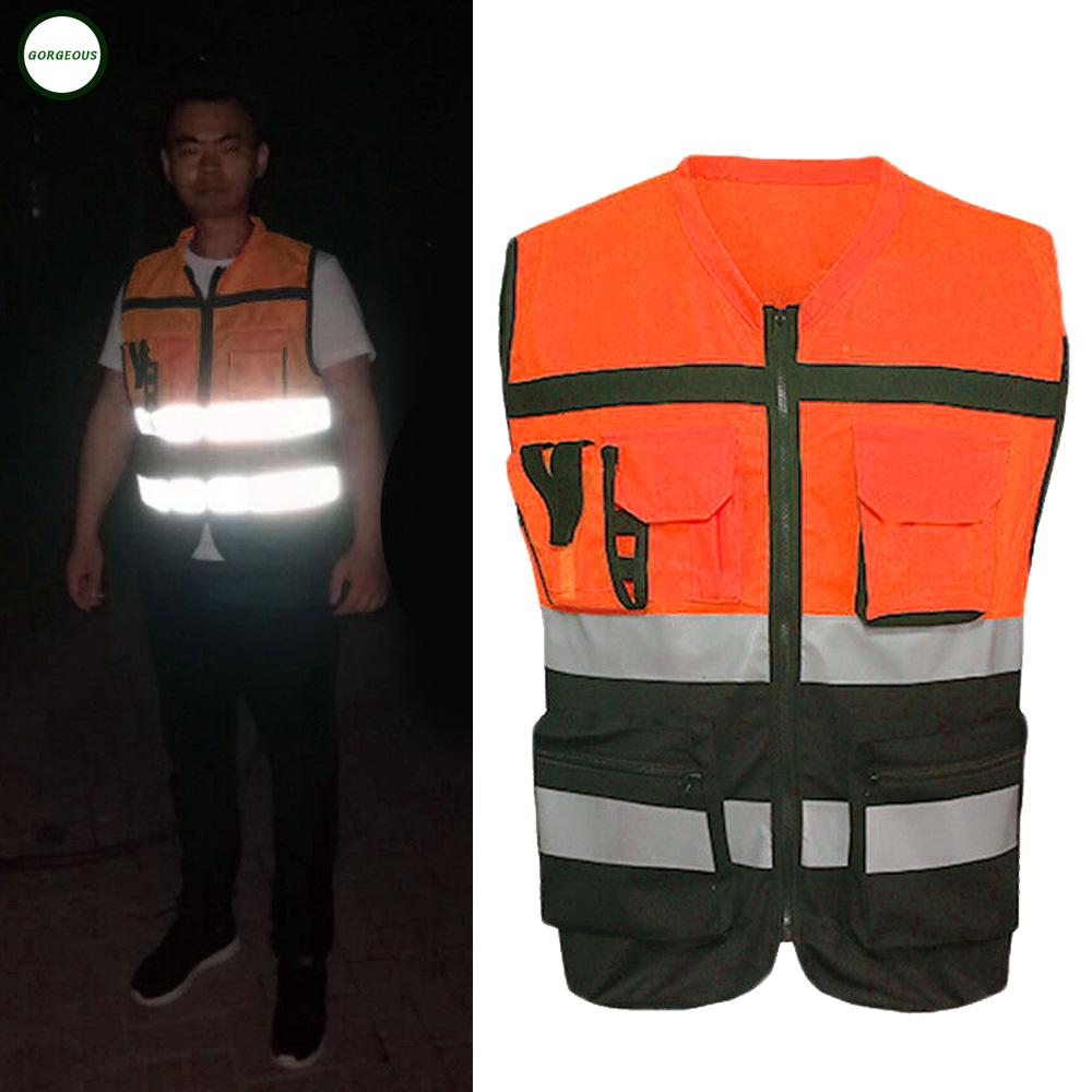 Men Hi-Vis Safety Vest Reflective Tape Jacket Multi Pocket Security Waistcoat