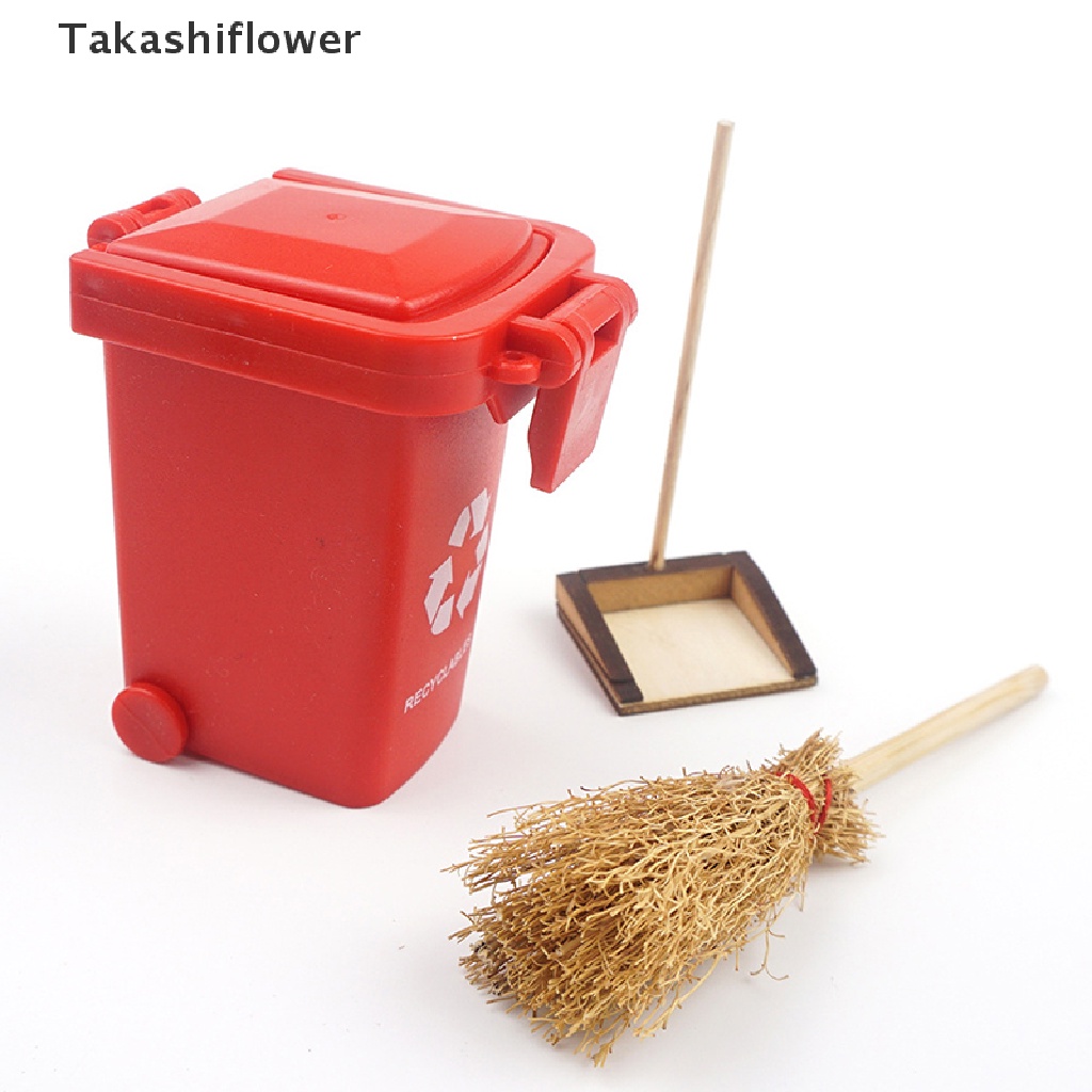 Set 3 mô hình thùng rác mini tỉ lệ 1:6 1:12 kèm chổi và chổi quét cho nhà búp bê