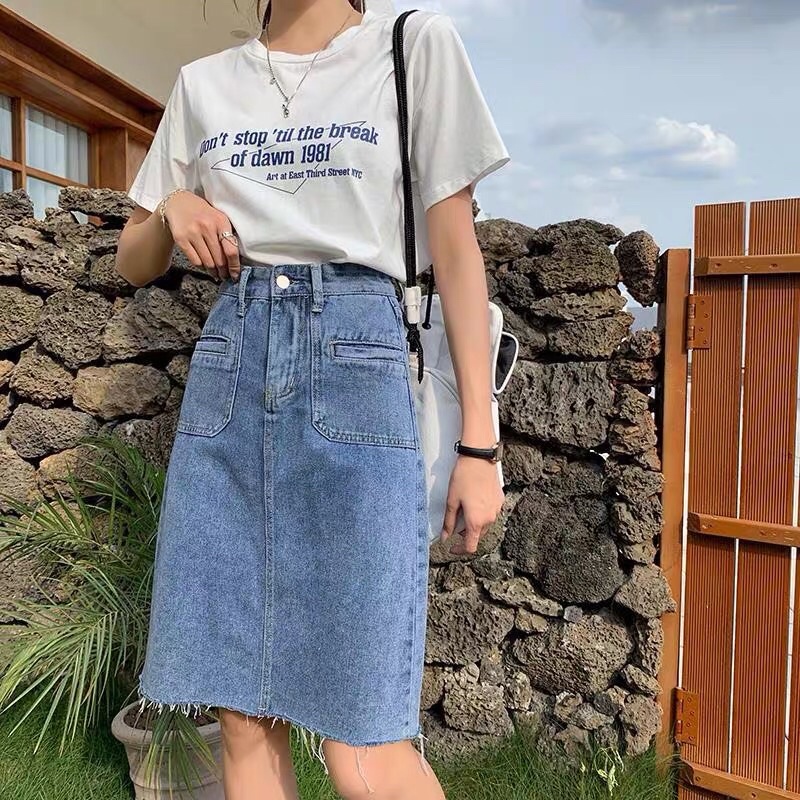 Chân Váy  Jeans Lửng Rua Gấu Ốp Túi  Ngoài  Phong Cách  Đơn Giản V02