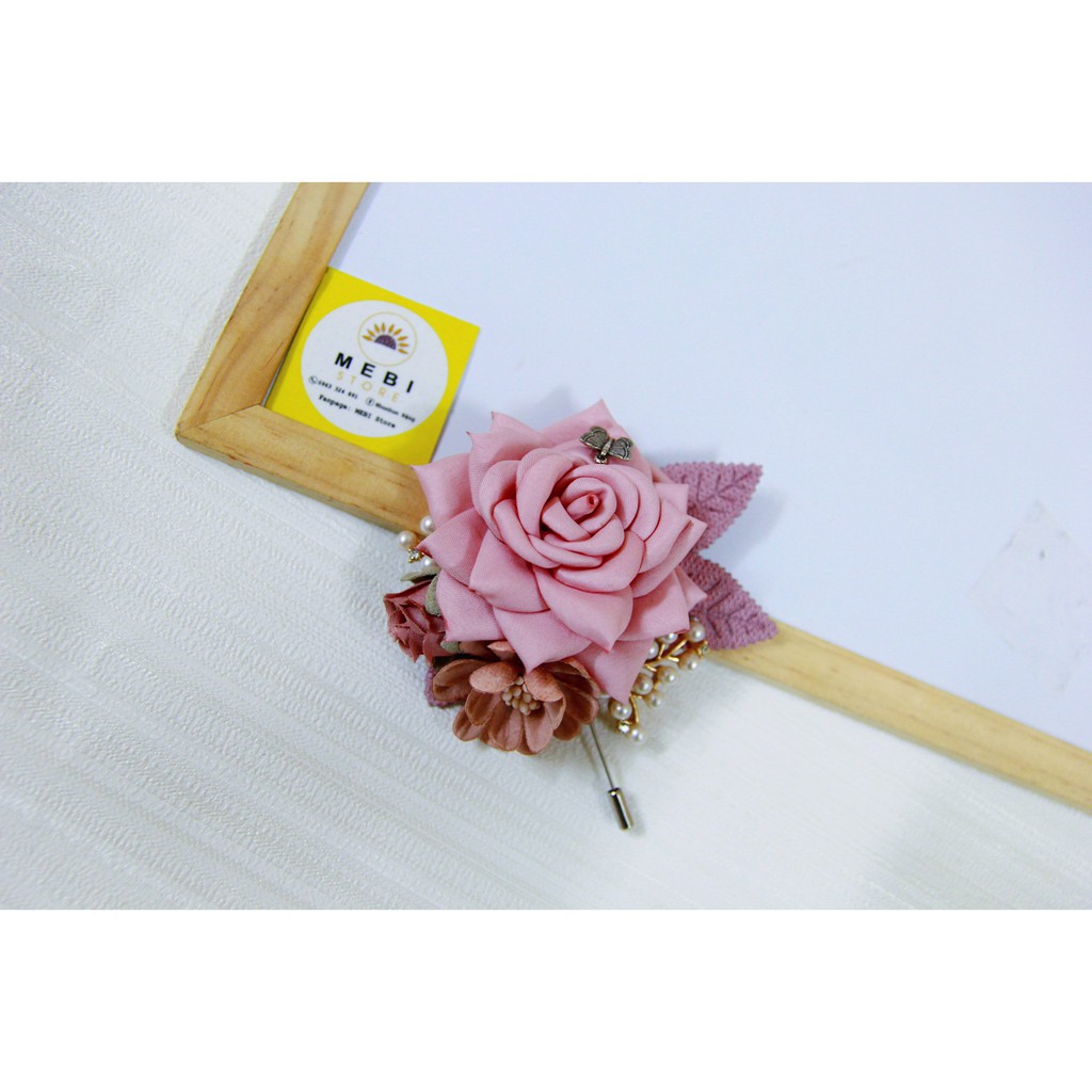 (Ảnh thật 100%) Hoa cài áo hoa hồng cánh nhọn siêu xinh màu hồng phấn (no box)