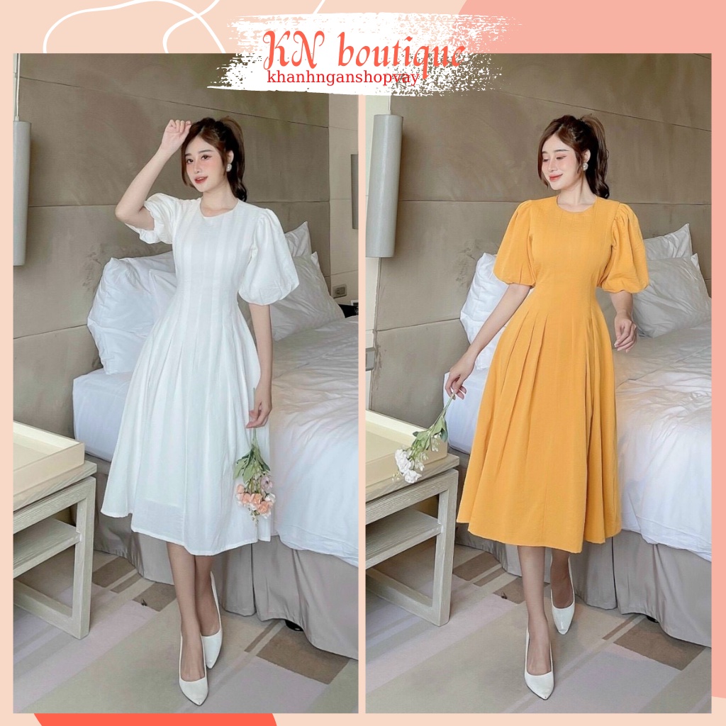 Váy dự tiệc đẹp dáng dài đầm nữ trắng vàng đẹp đi ăn tiệc dáng xòe cổ tròn sang trọng K N Boutique