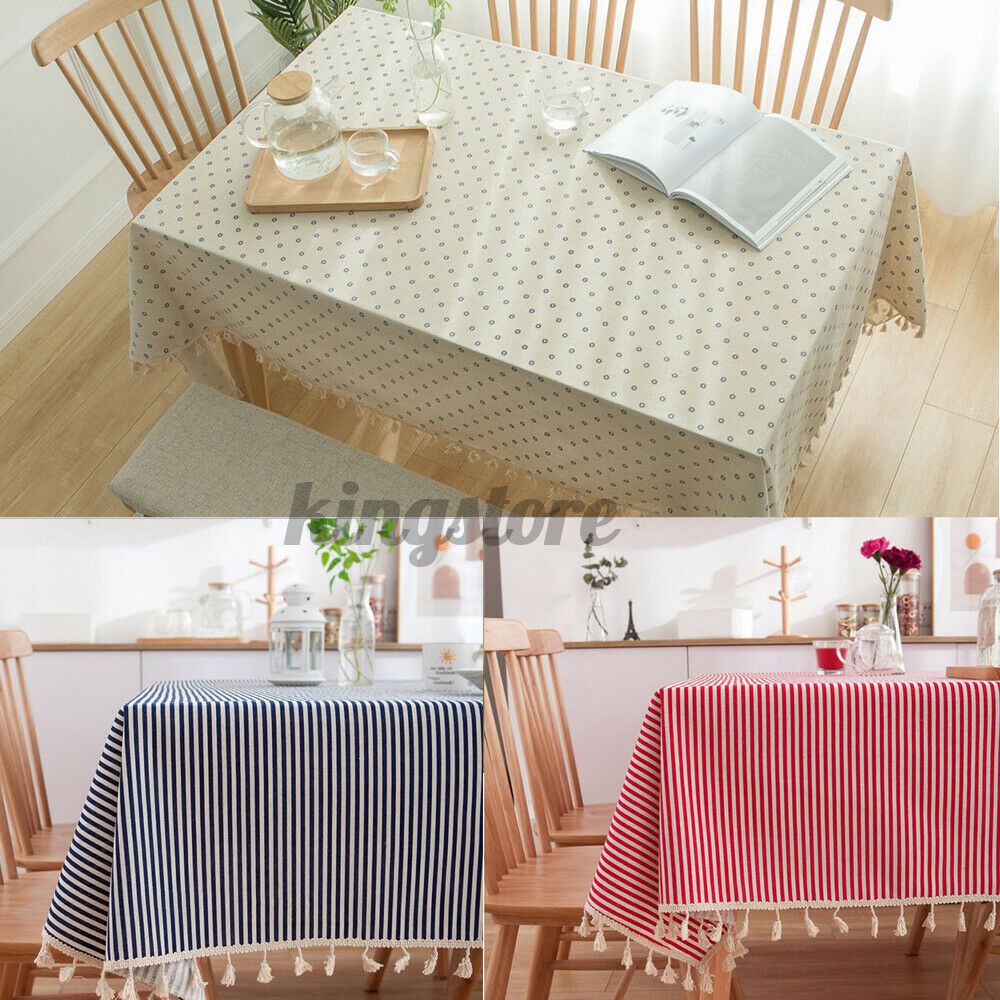 Stripe Printed Cotton Linen Tablecloth Rectangle Tassel Tea Table Cloth Cover
