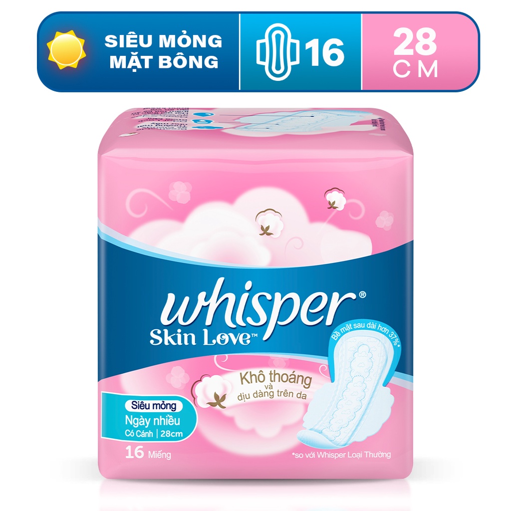 Băng Vệ Sinh WHISPER Skin Love Mặt Bông Siêu Mỏng Cánh Ngày Nhiều Và Ban Đêm 28CM
