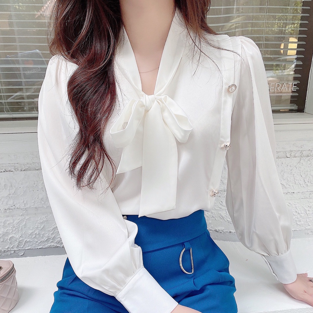 Áo sơ mi nữ lụa mềm mát 2 hàng cúc cổ nơ dài tay công sở HILA (Mã SP: A938)
