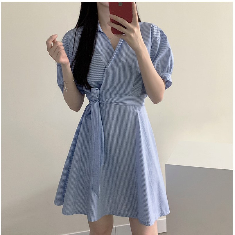 Đầm mini tay phồng cổ chữ V kẻ sọc xanh thời trang 35686