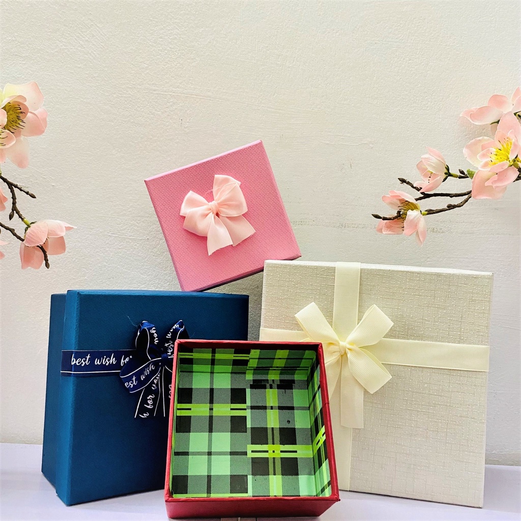 (Full size, màu)Hộp đựng quà tặng hình vuông có nơ nhiều kích thước, Mix màu,hộp đựng quà tết,hộp quà tặng