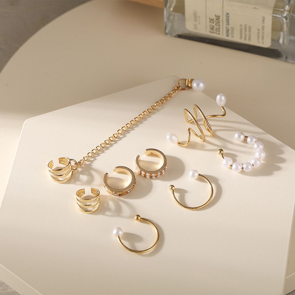 Set 7 khuyên kẹp vành tai đính ngọc trai giả tua rua thời trang Hàn Quốc cho nữ