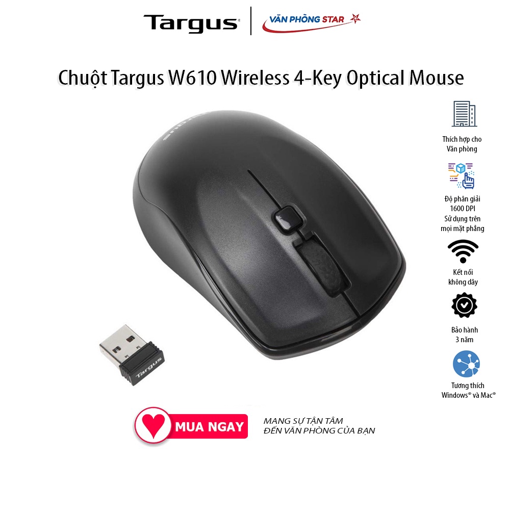 Chuột Không Dây Targus W610 Wireless 4-Key Optical Mouse 1.600 dpi Công nghệ không dây 2,4 GHz bảo hành 3 năm