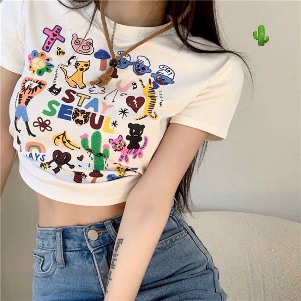 áo croptop tay ngắn thun coton in họa tiết hình xương rồng xinh p