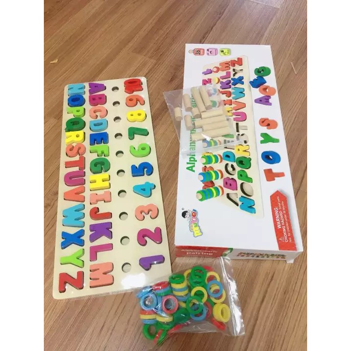 Giáo cụ Montessori - Bộ Thả Cọc 4 Dòng Học Đếm Và Ghép Chữ Cái Tiếng Anh