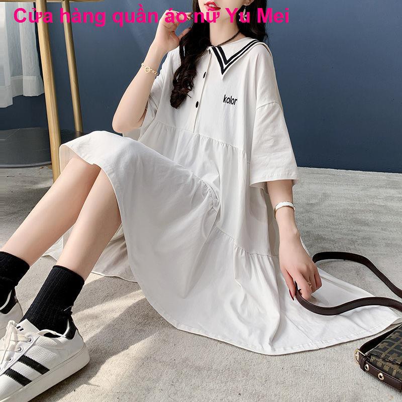 đầm maxi[Cotton] váy nữ Nhật Bản cổ áo hải quân nhẹ nhàng năm 2021 mùa hè mới siêu tích ngọt ngào trắng lỏng lẻo