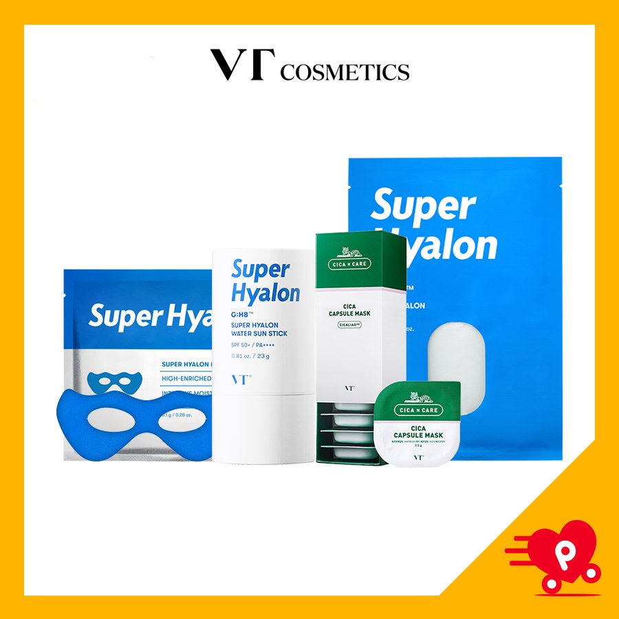 Set 4 sản phẩm VT Cosmetics (Mặt nạ mắt, Kem chống nắng dạng thỏi, Mặt nạ đất sét Cica, Mặt nạ dưỡng ẩm VT Super Hyalon)