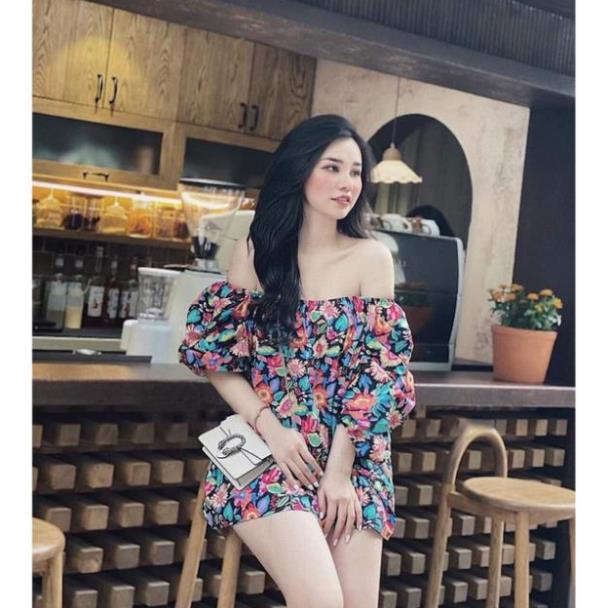 TBO-Video ảnh thật, Đầm váy dáng babydoll xoè cúp ngực trễ vai vải lụa in 3D họa tiết hoa lá cành TASA