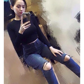 Áo Croptop cổ tròn tay dài basic đủ màu thun thiết kế - by Sugargalz