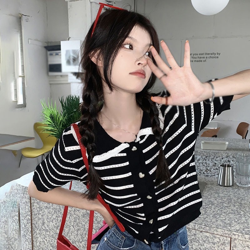 Áo Croptop Dệt Kim Tay Ngắn Phối Lưới Thoáng Khí Thời Trang Cho Nữ