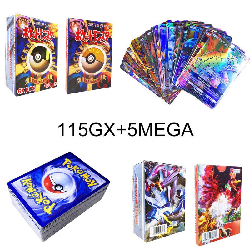 bnq-echo 120Pcs 115 GX + 5 MEGA Pokemon Cards Holo Flash Trading Cards Bundle Mixed LOT-r5d