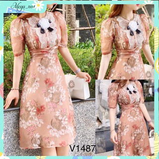 Váy tơ hoa cổ ren hoa trà, váy tơ hoa cao cấp, thanh lịch V1487