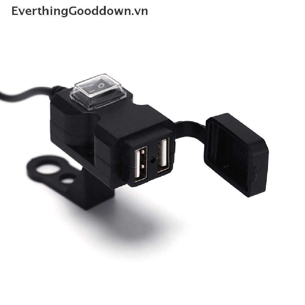 Everthinggood Ổ Cắm Sạc USB Kép 12V Chống Nước Có Công Tắc Và Giá Đỡ Gắn Tay Lái Cho Xe Máy