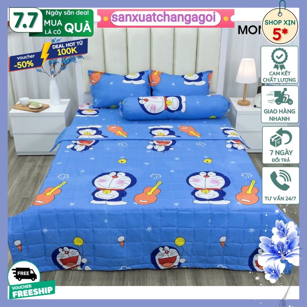 Bộ ga gối,ga trải giường poly 1m2,1m4,1m5,1m6,1m8, ga giường kèm 2 vỏ gối nằm,mẫu doremon đàn