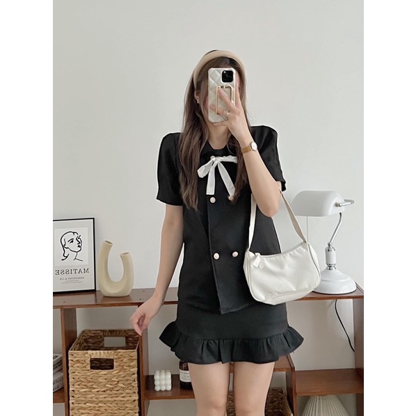 Set bộ đồ nữ Hàn Quốc chất liệu dạ text gồm áo cộc tay thắt nơ kèm chân váy ngắn đuôi cá siêu tiểu thư (TTA142)
