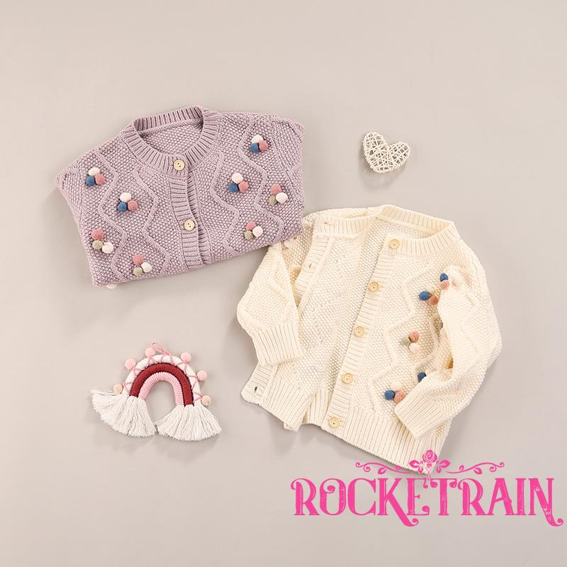 Áo khoác cardigan dệt kim tay dài đính quả bông thời trang mùa thu cho bé gái