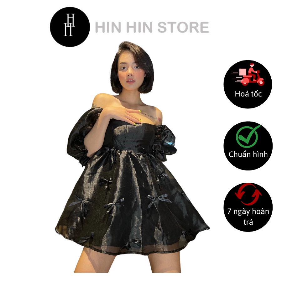 Đầm Babydoll HDT274 xòe tay phồng đính nơ màu đen  Hỉn Hỉn Store