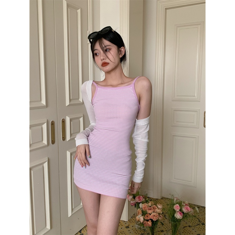 Đầm Hai Dây Hở Lưng Họa Tiết Kẻ Sọc Màu Sắc Tương Phản Phong Cách Hàn Quốc Thời Trang Dành Cho Nữ