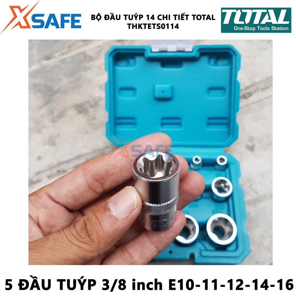 Bộ đầu tuýp 14 chi tiết TOTAL THKTETS0114 | bộ 14 tuýp loại E chất liệu CR-V (50BV30) gồm 5 đầu tuýp 1/4 inch