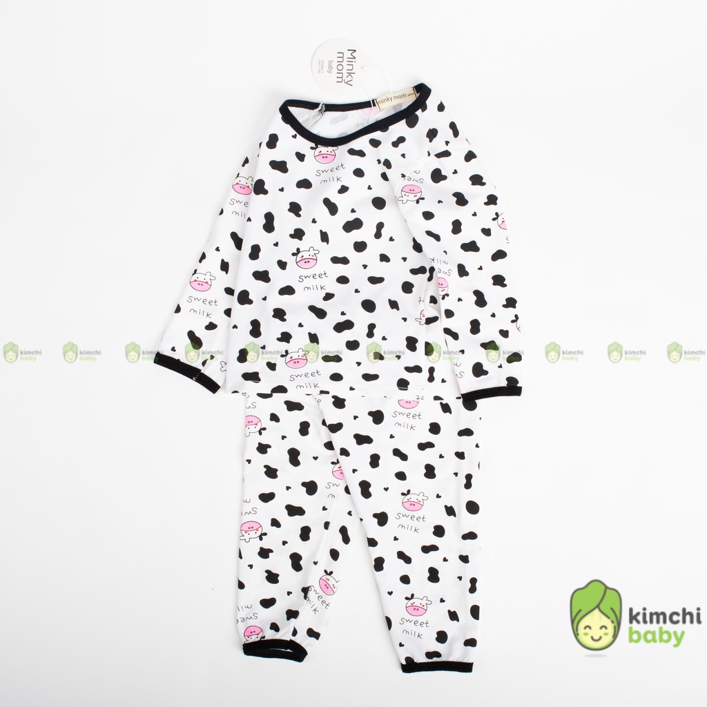 Đồ Bộ Bé Trai, Bé Gái Minky Mom Vải Cotton 100% Hoạ Tiết Bò Sữa Cherry Phối Viền, Bộ Dài Tay Cho Bé Thu Đông MKMTD2136