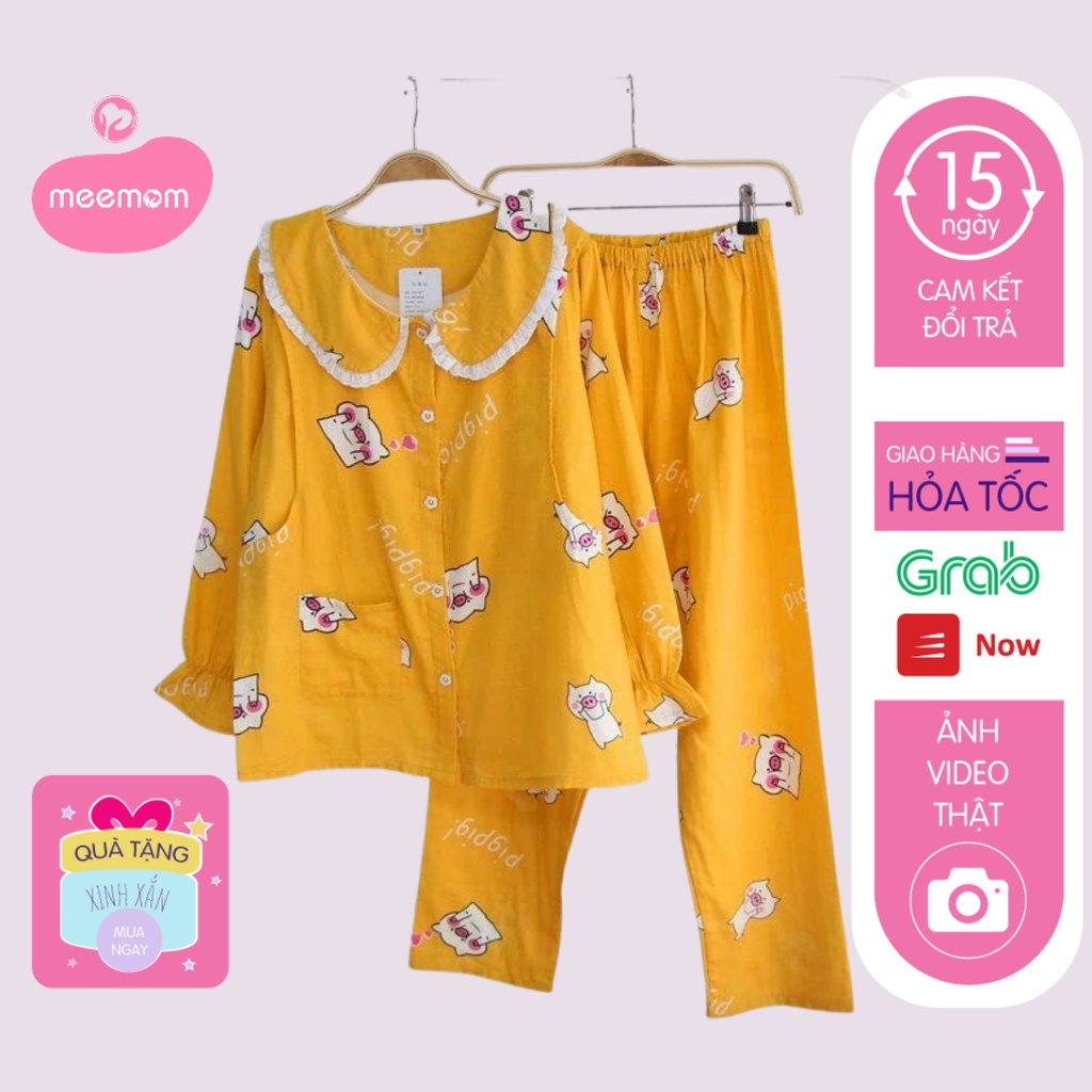 Đồ bầu bộ mặc nhà dễ thương bộ sau sinh có phần mở cho bé ti chất cotton sữa thoải mái thời trang nữ Meemom DB21