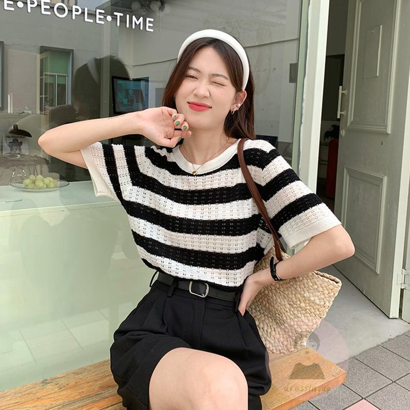 Áo Thun Tay Ngắn Họa Tiết Sọc Thời Trang Sành Điệu Cho Nữ