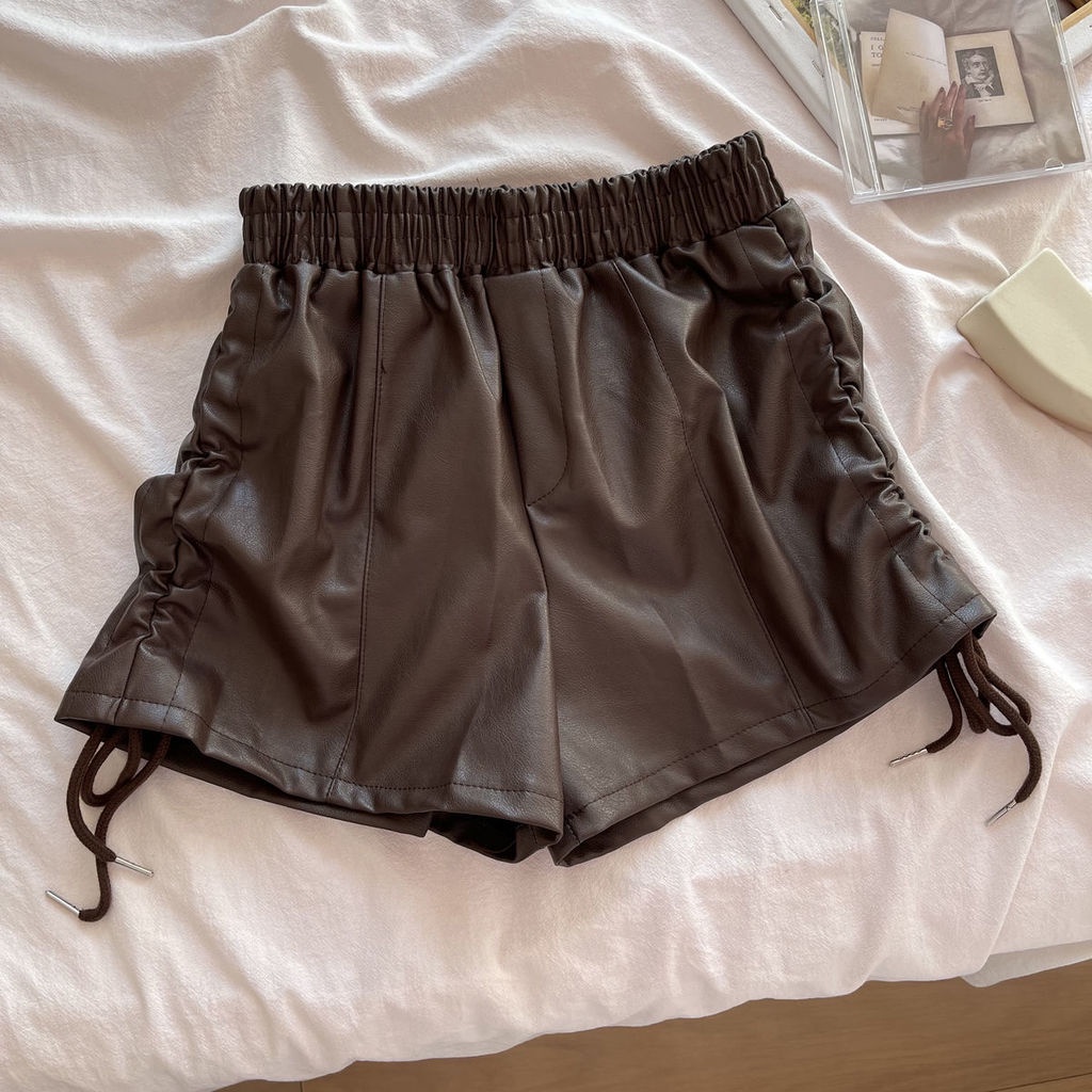 Quần Short Da Mỏng Lưng Thun Cao Ống Rộng Phối Dây Cột Hai Bên Thời Trang Dành Cho Nữ