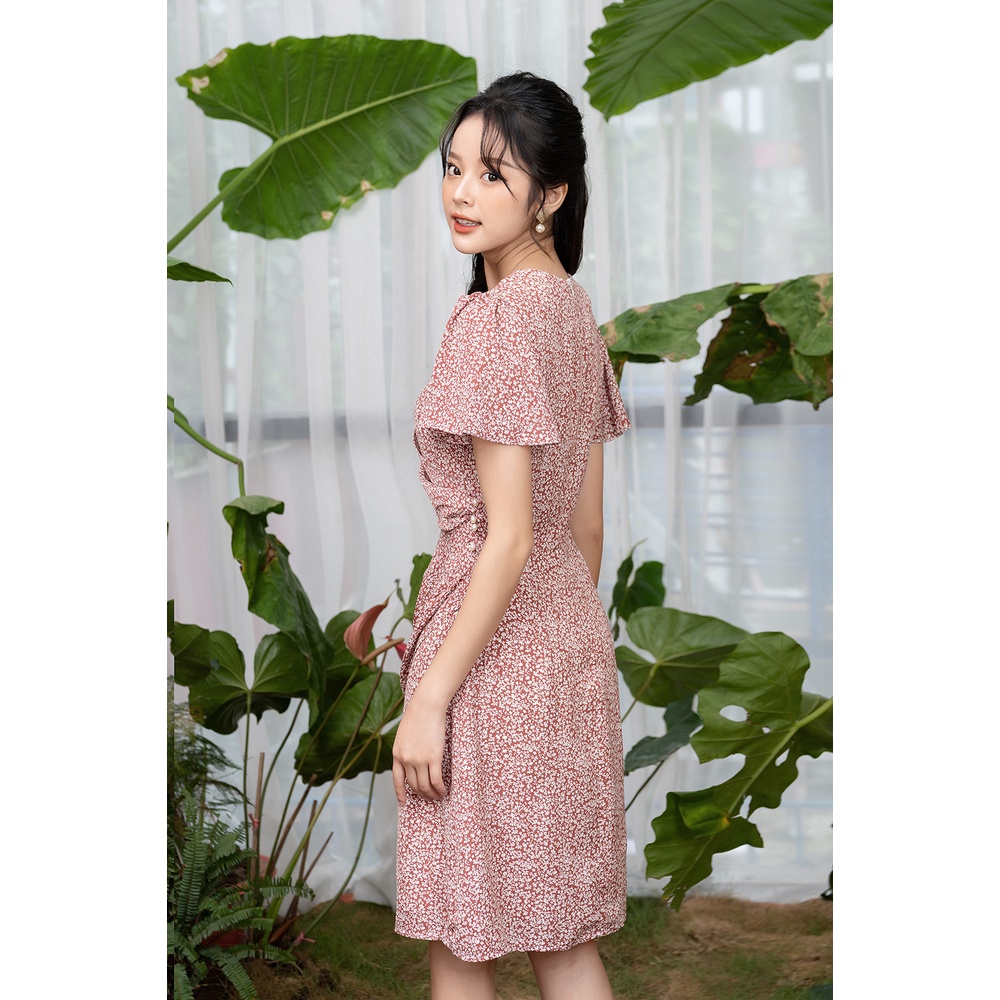 Váy Hoa Nhí Vintage LUPERI Cổ Chữ V, Cách Điệu Eo, Chất Liệu Lụa Hàn Cao Cấp LFV3269