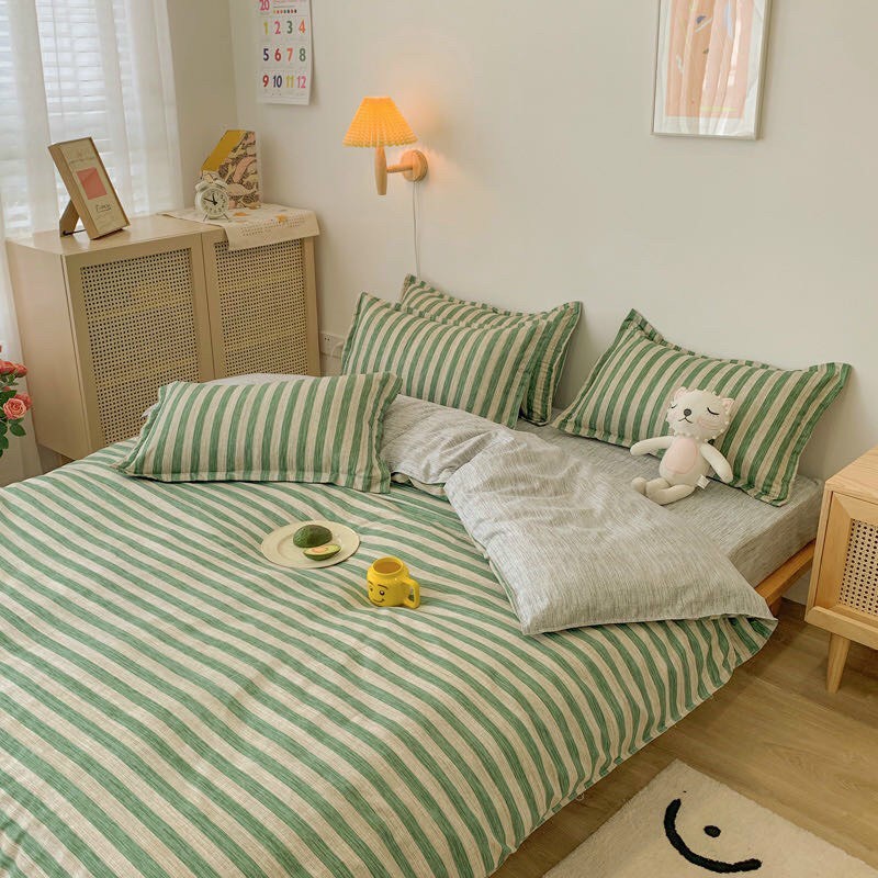 Bộ chăn ga gối Cotton Poly M2T bedding Kẻ Hàn Quốc, vỏ chăn mền, drap gường và 2 vỏ gối